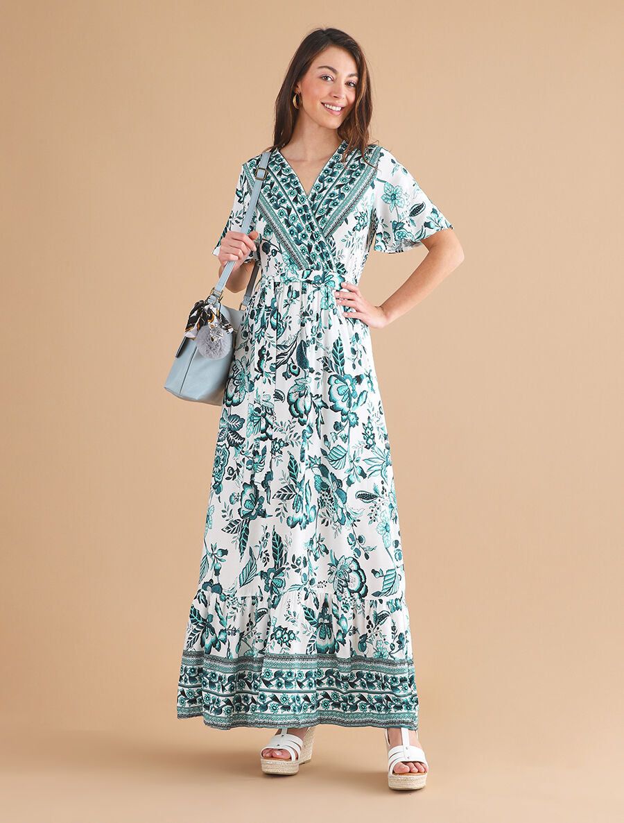 Robe imprimé fleuri à taille élastiquée - Vert - 4