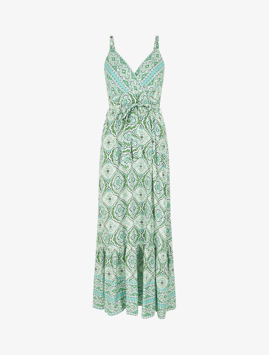 Robe longue évasée imprimé arabesque fleuri à bretelles - Vert - 1