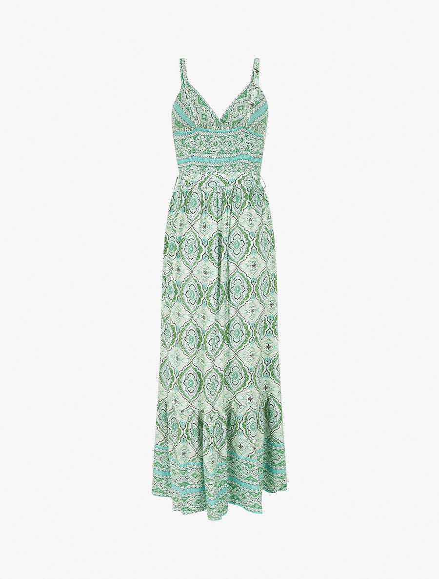 Robe longue évasée imprimé arabesque fleuri à bretelles - Vert - 2