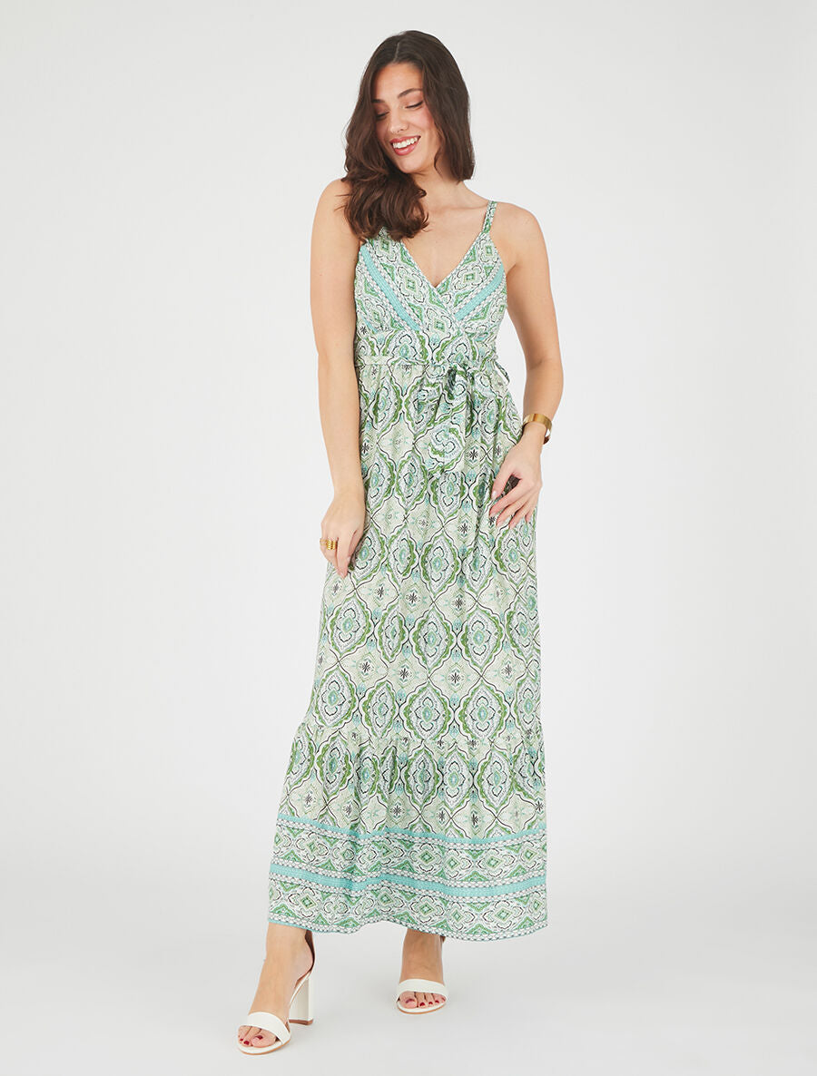 Robe longue évasée imprimé arabesque fleuri à bretelles - Vert - 4