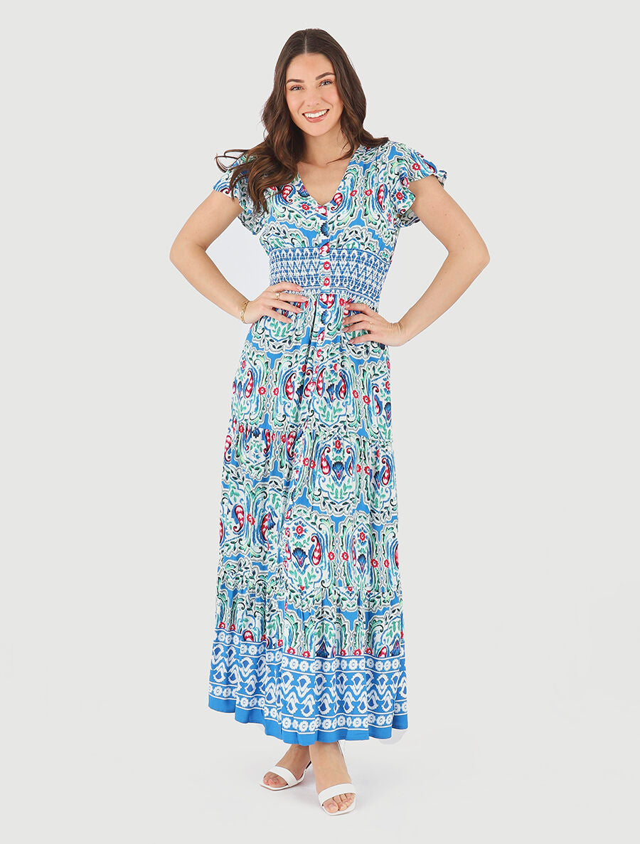 Robe longue à manches courtes imprimé fleurs graphiques - Bleu - 4