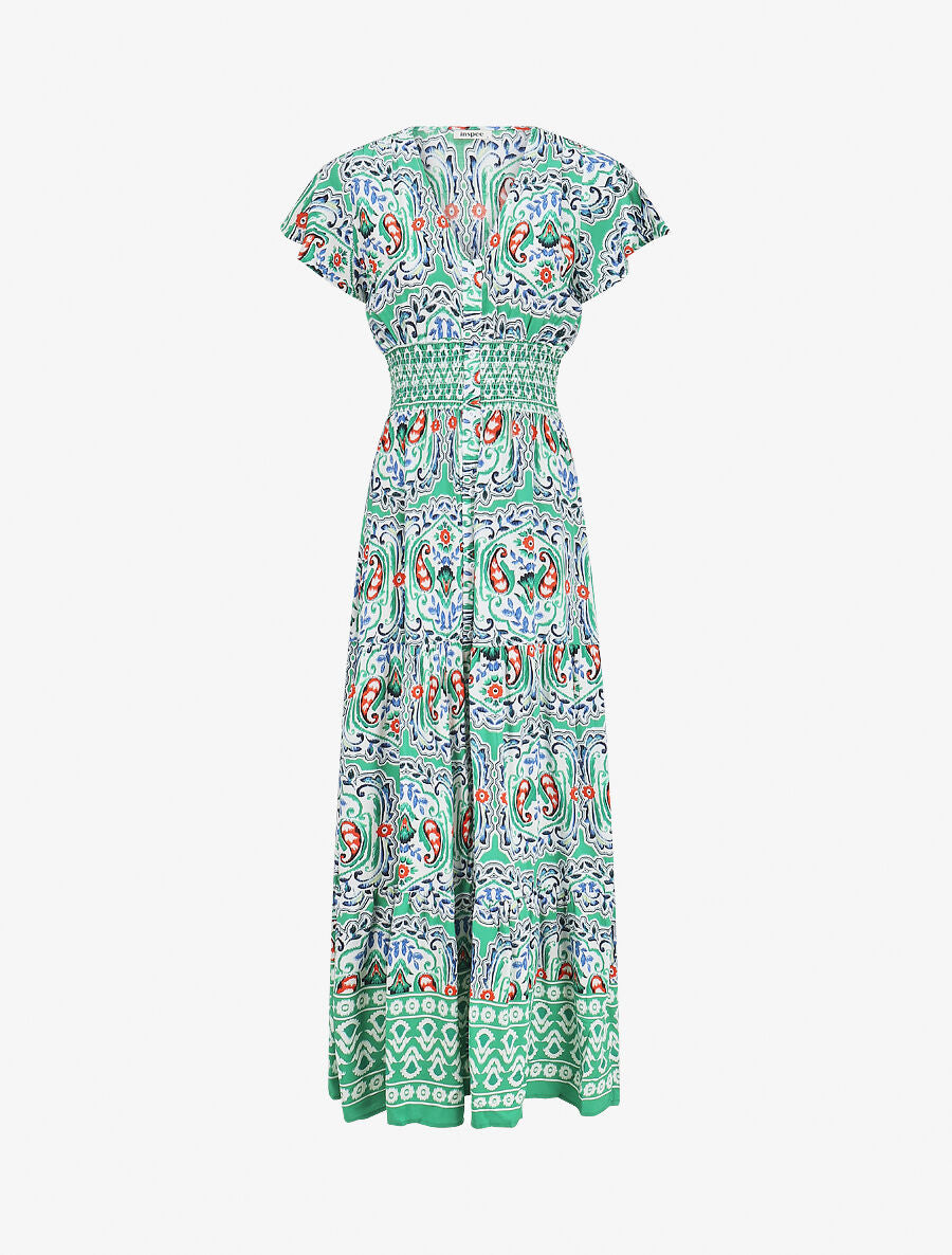 Robe longue à manches courtes imprimé fleurs graphiques - Vert - 5