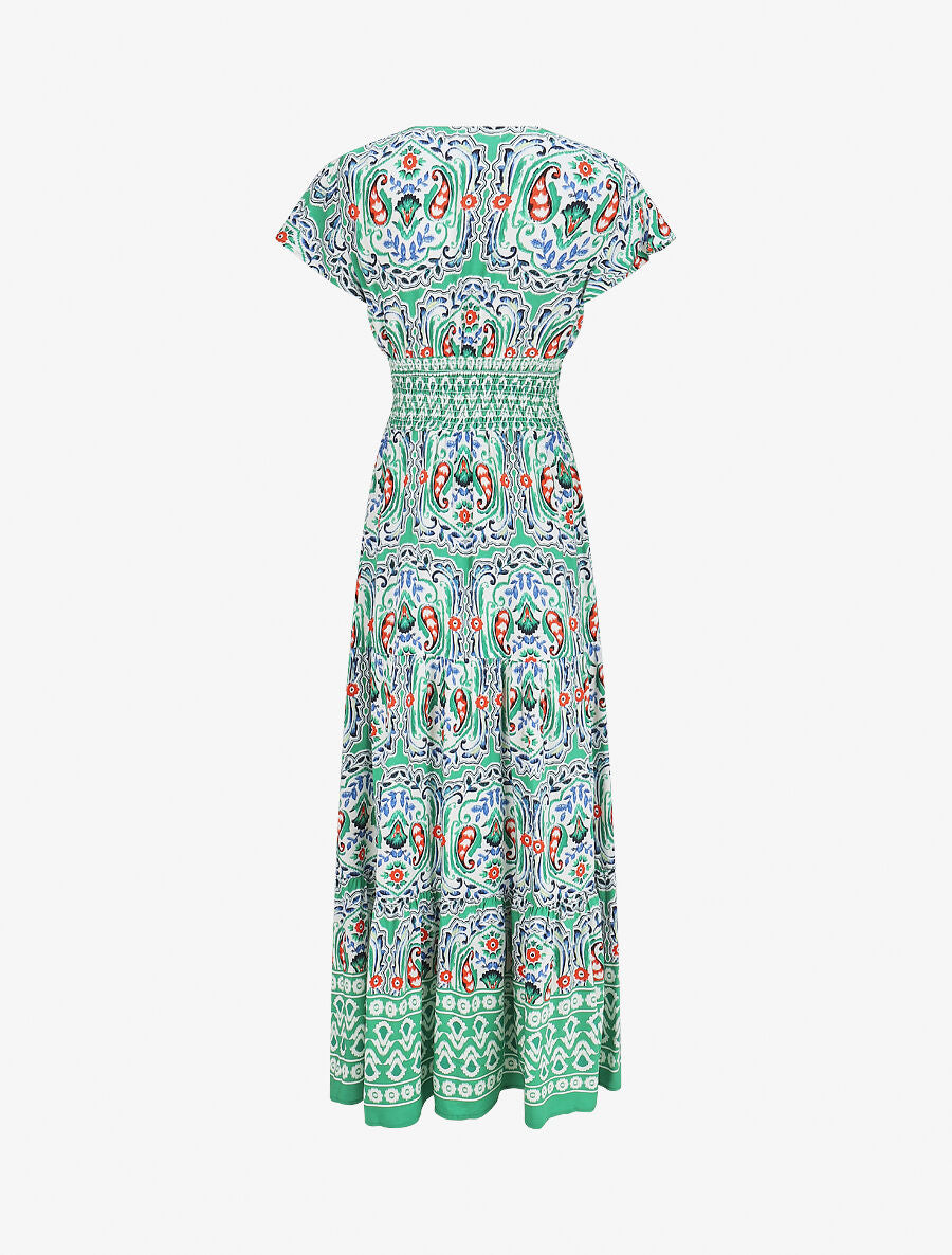 Robe longue à manches courtes imprimé fleurs graphiques - Vert - 2