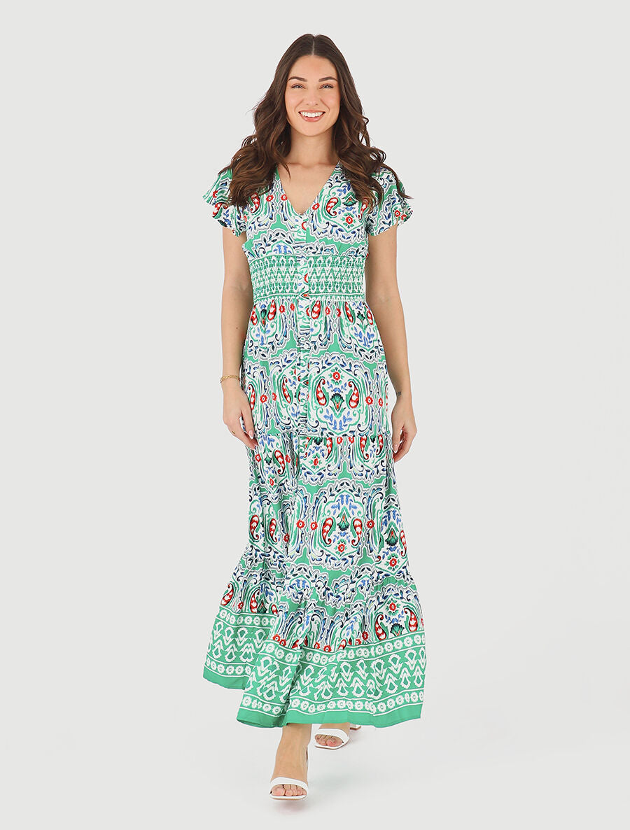 Robe longue à manches courtes imprimé fleurs graphiques - Vert - 4