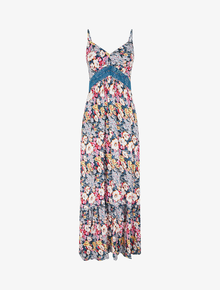Robe longue fleuri à col V - Noir - 1