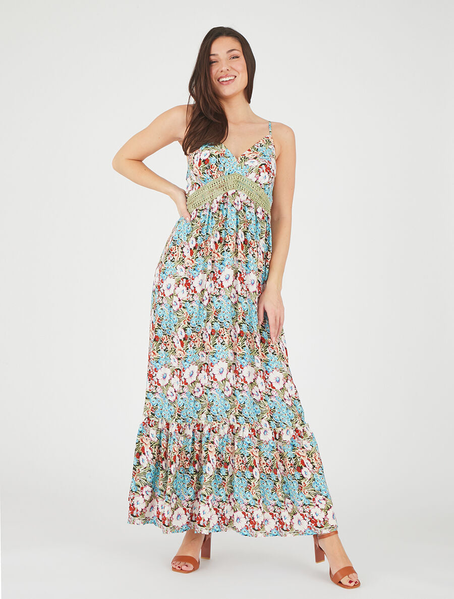 Robe longue fleuri à col V - Vert - 4