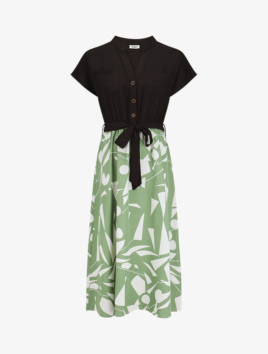 Robe longue élastiquée à jupe imprimé géométrique - Vert - 1