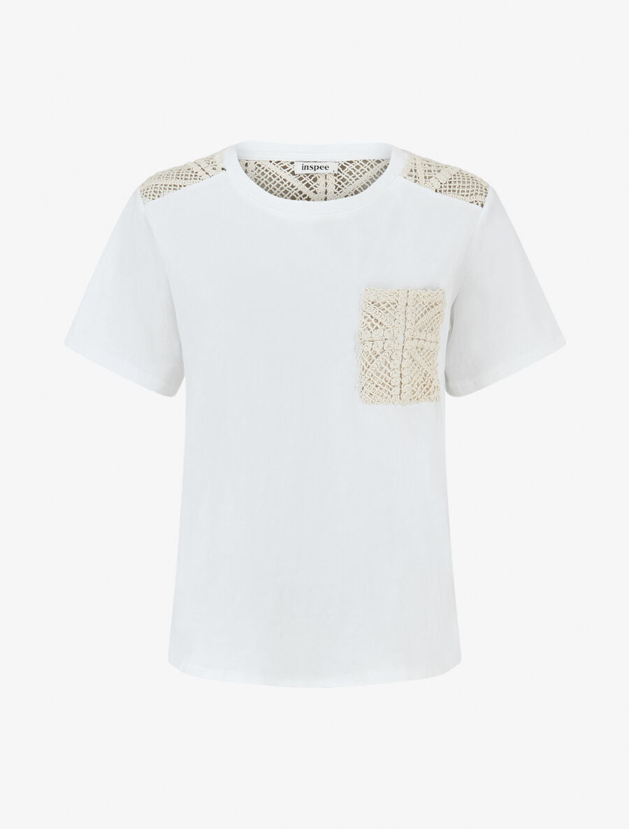 Top en coton à empiècements crochet - Blanc - 1
