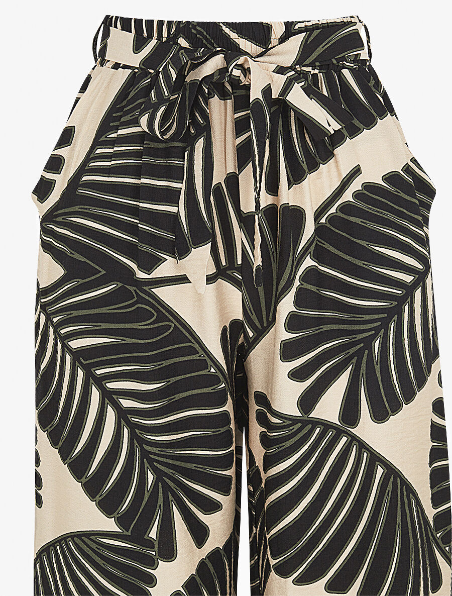 Pantalon imprimé feuillage à taille haute élastiquée - Noir - 3