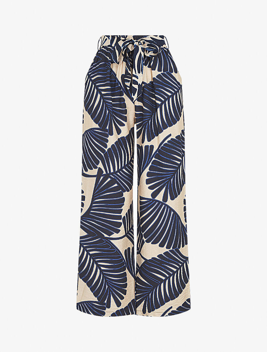 Pantalon imprimé feuillage à taille haute élastiquée - Marine - 1