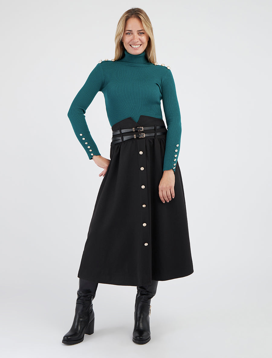 Pull côtelé col roulé détails boutonnés - Vert bouteille