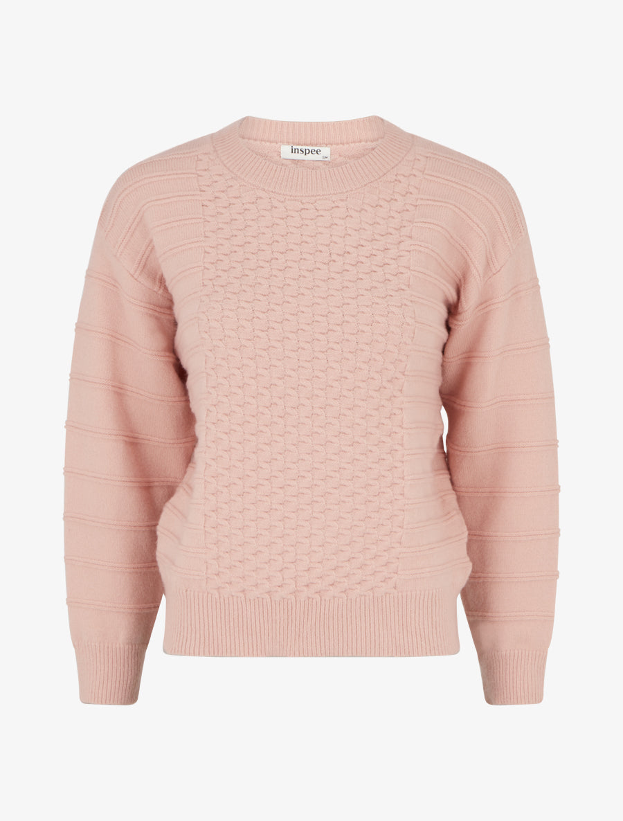Pull droit à col rond en maille rayé - Rose - 1