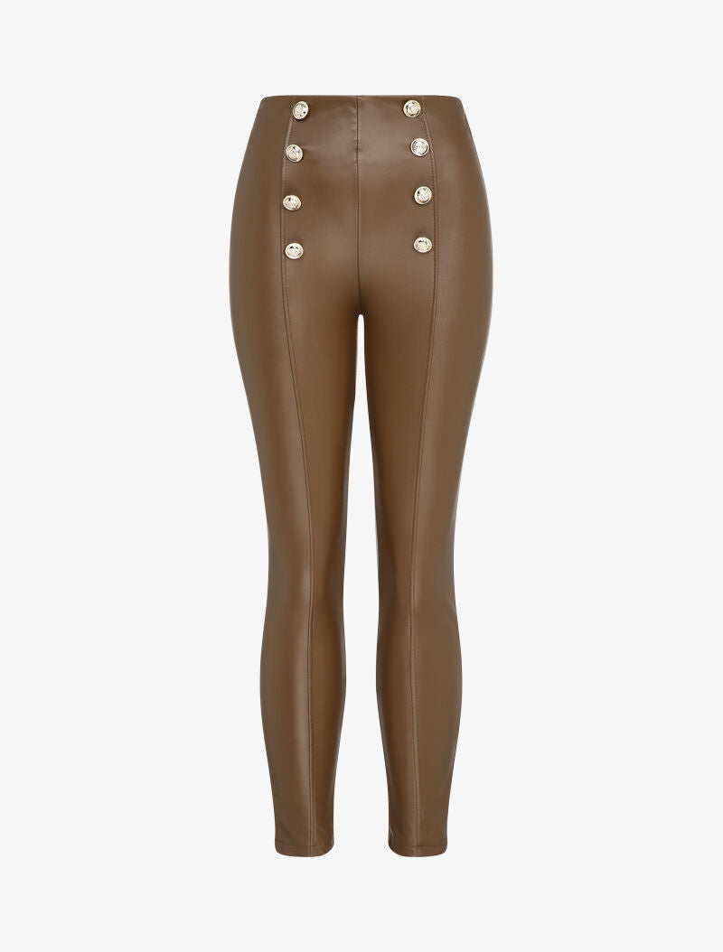 Pantalon en simili à détail boutons - Marron - 4
