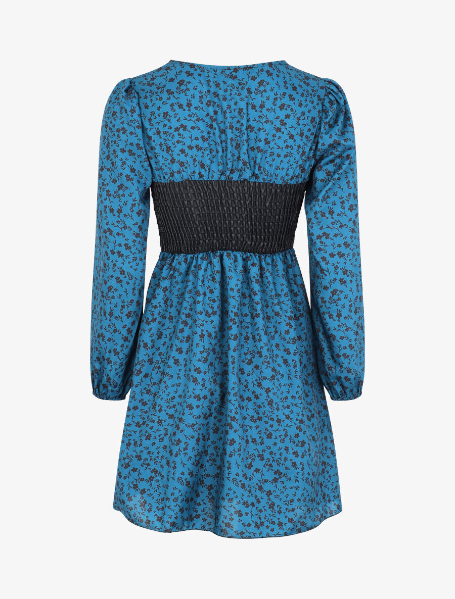 Robe à buste en simili et imprimé petites fleurs - Bleu canard - 2