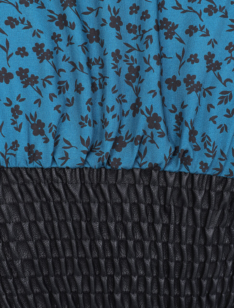 Robe à buste en simili et imprimé petites fleurs - Bleu canard - 3