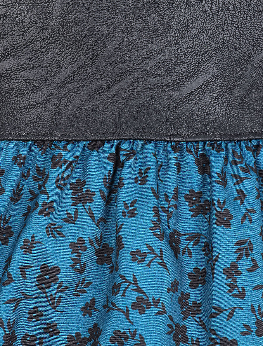 Robe à buste en simili et imprimé petites fleurs - Bleu canard - 4