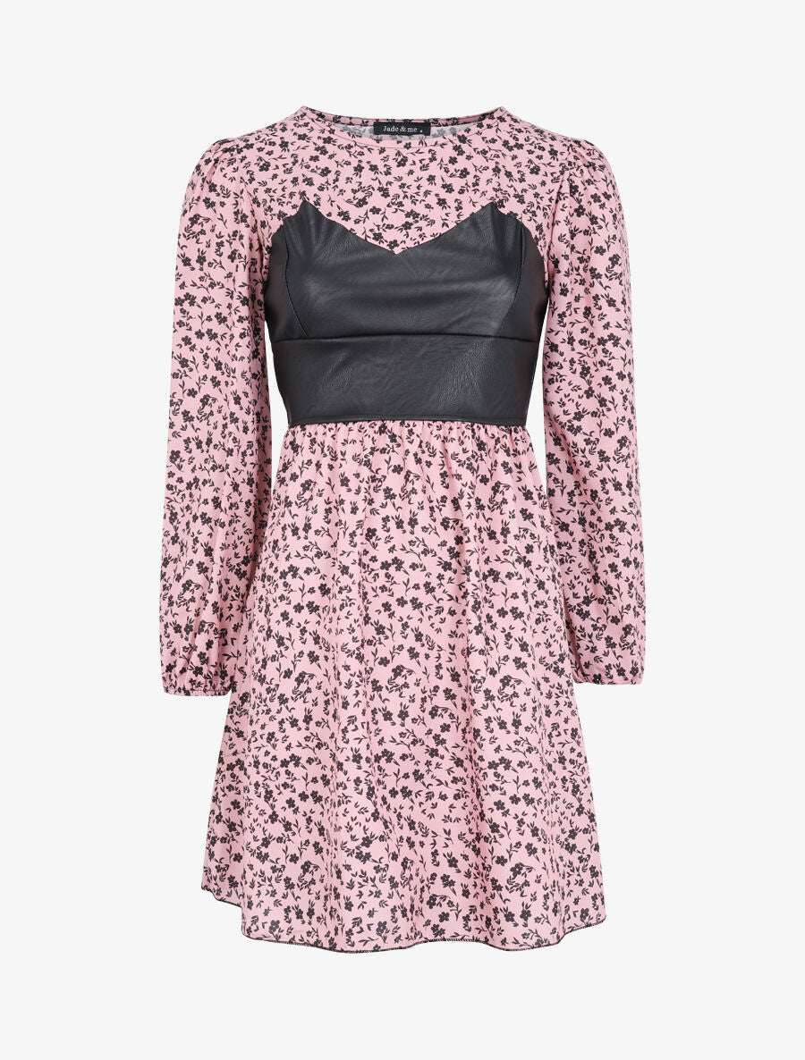 Robe à buste en simili et imprimé petites fleurs - Rose poudré - 1