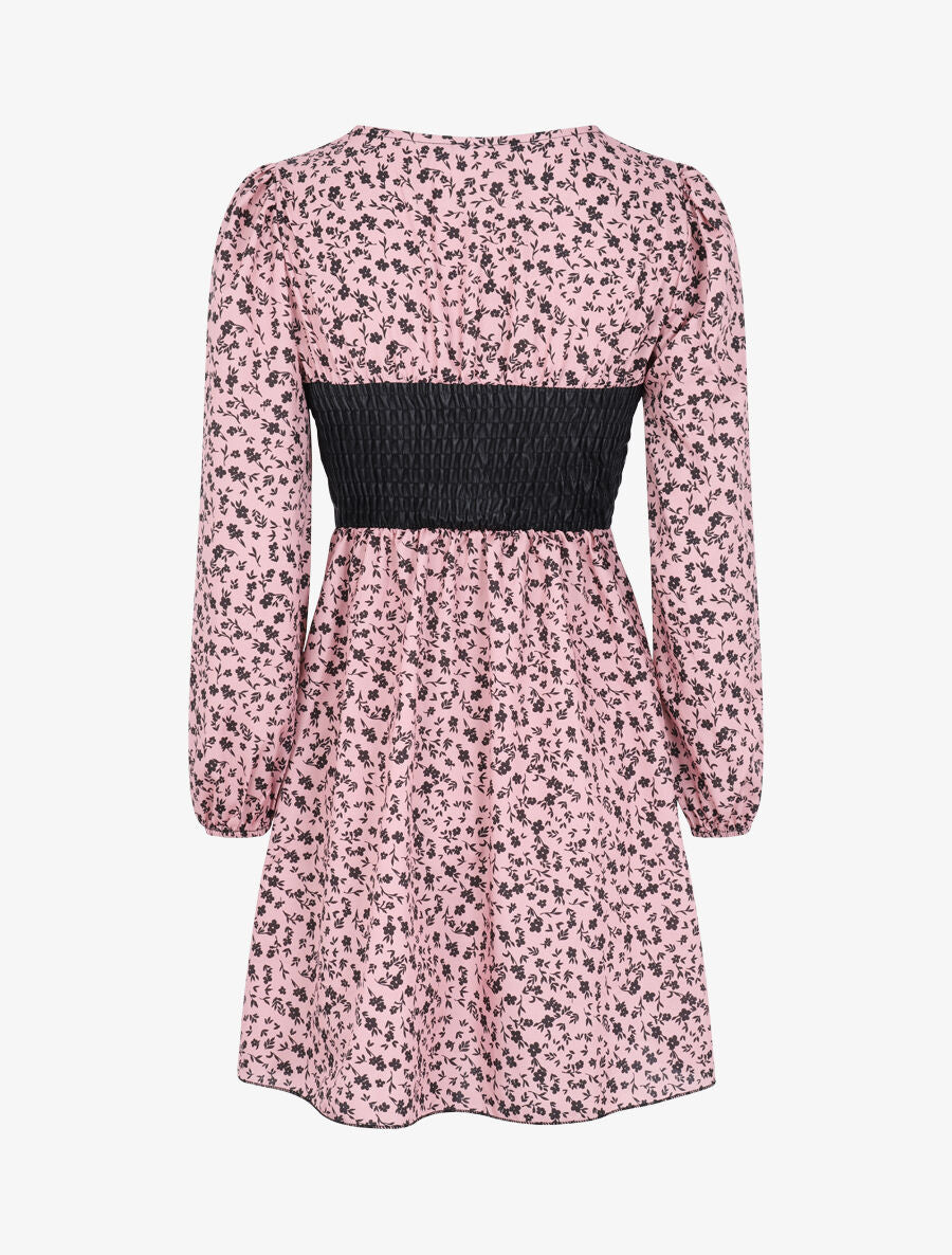 Robe à buste en simili et imprimé petites fleurs - Rose poudré - 2