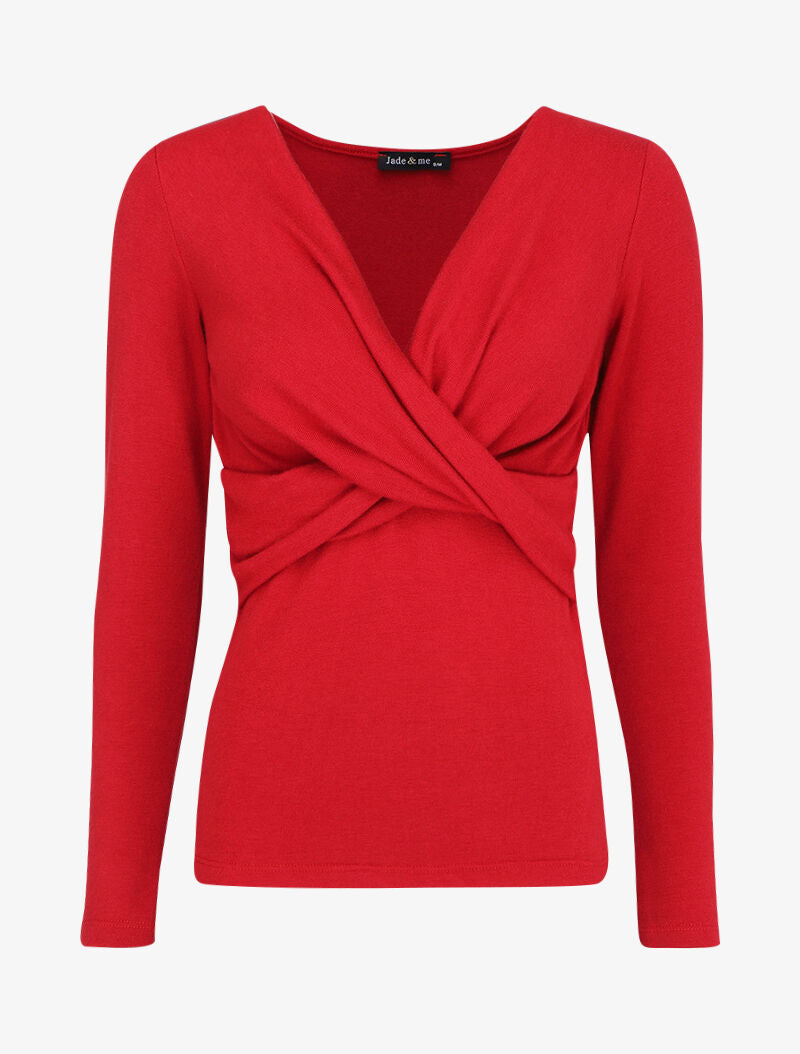 Pull fin à encolure cache-coeur effet drapé - Rouge - 1