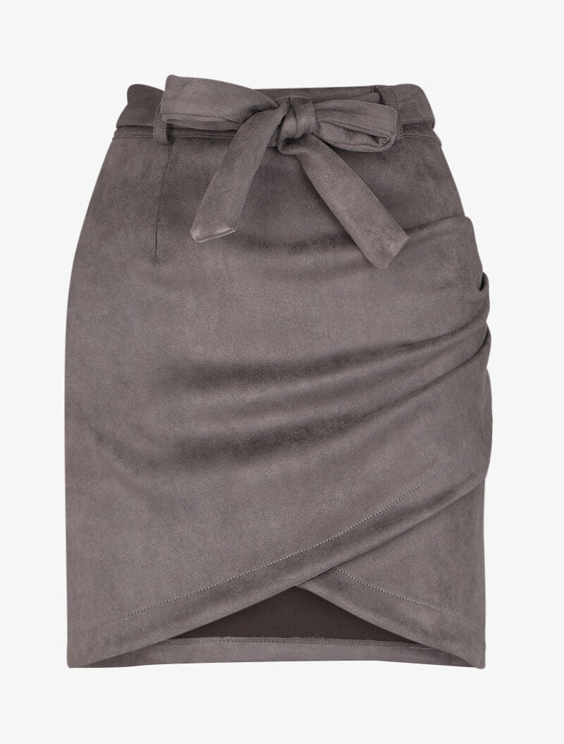Jupe en suédine drapée style portefeuille - Gris foncé - 4