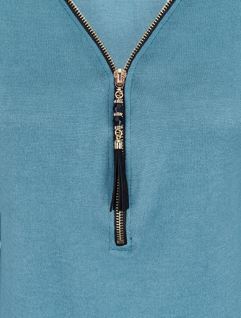 Pull à col zippé et à épaules dentelle - Bleu clair - 3