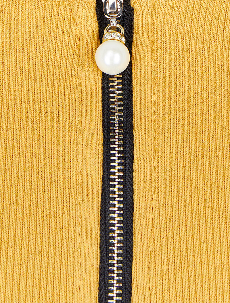 Top côtelé à col rond zippé à détail perles et strass - Moutarde - 3