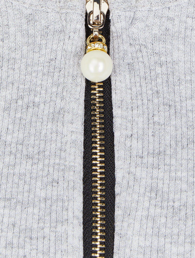 Top côtelé à col rond zippé à détail perles et strass - Gris chiné - 3