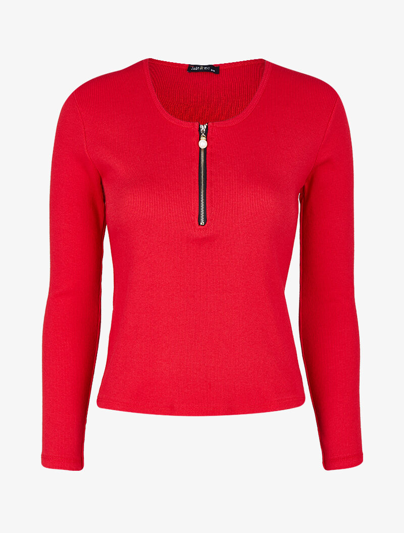 Top côtelé à col rond zippé à détail perles et strass - Rouge - 4