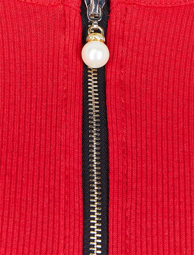 Top côtelé à col rond zippé à détail perles et strass - Rouge - 3