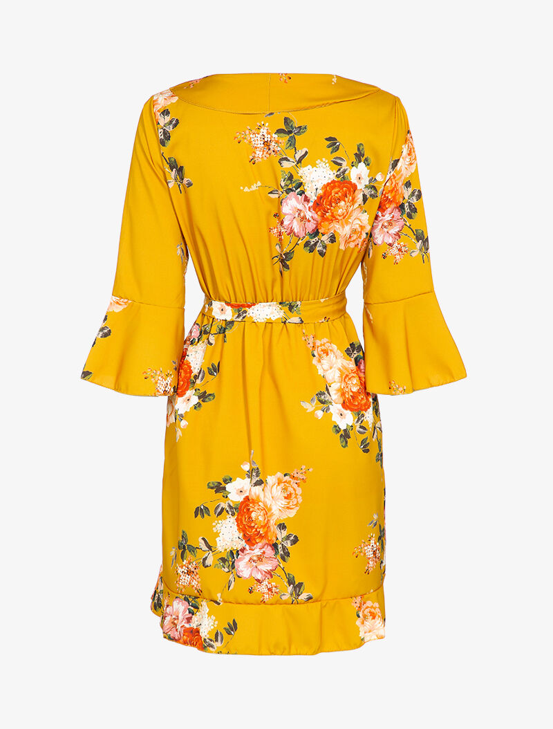 Robe patineuse imprimé à col V - Moutarde - 3