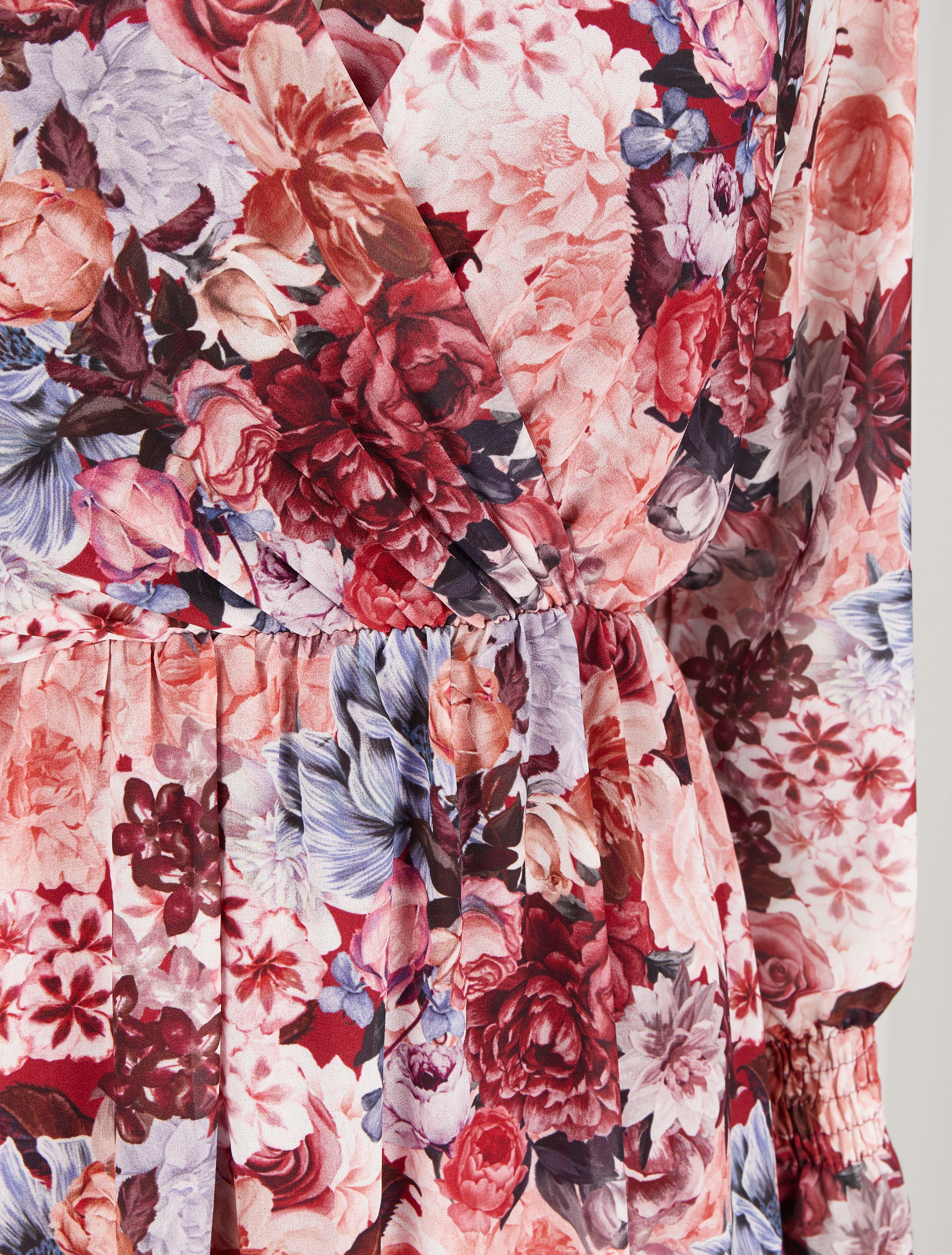 Robe imprimé bouquet de roses à col cache-coeur et volants - Bordeaux - 3