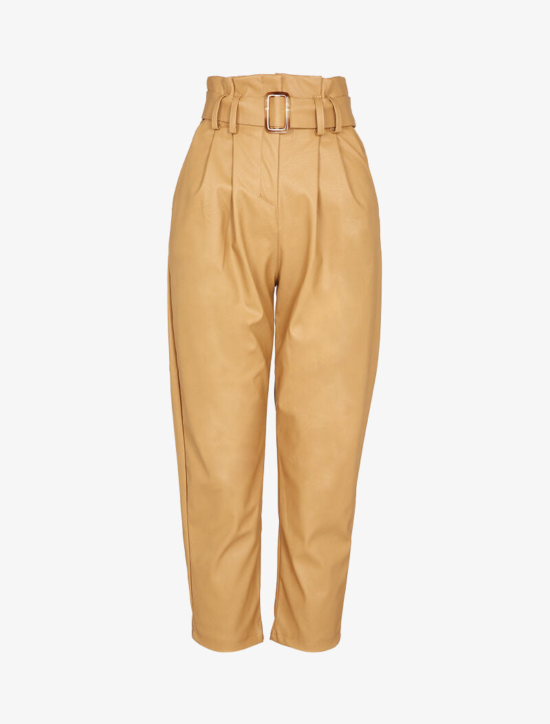 Pantalon carotte à taille empire froncée en simili - Camel - 1