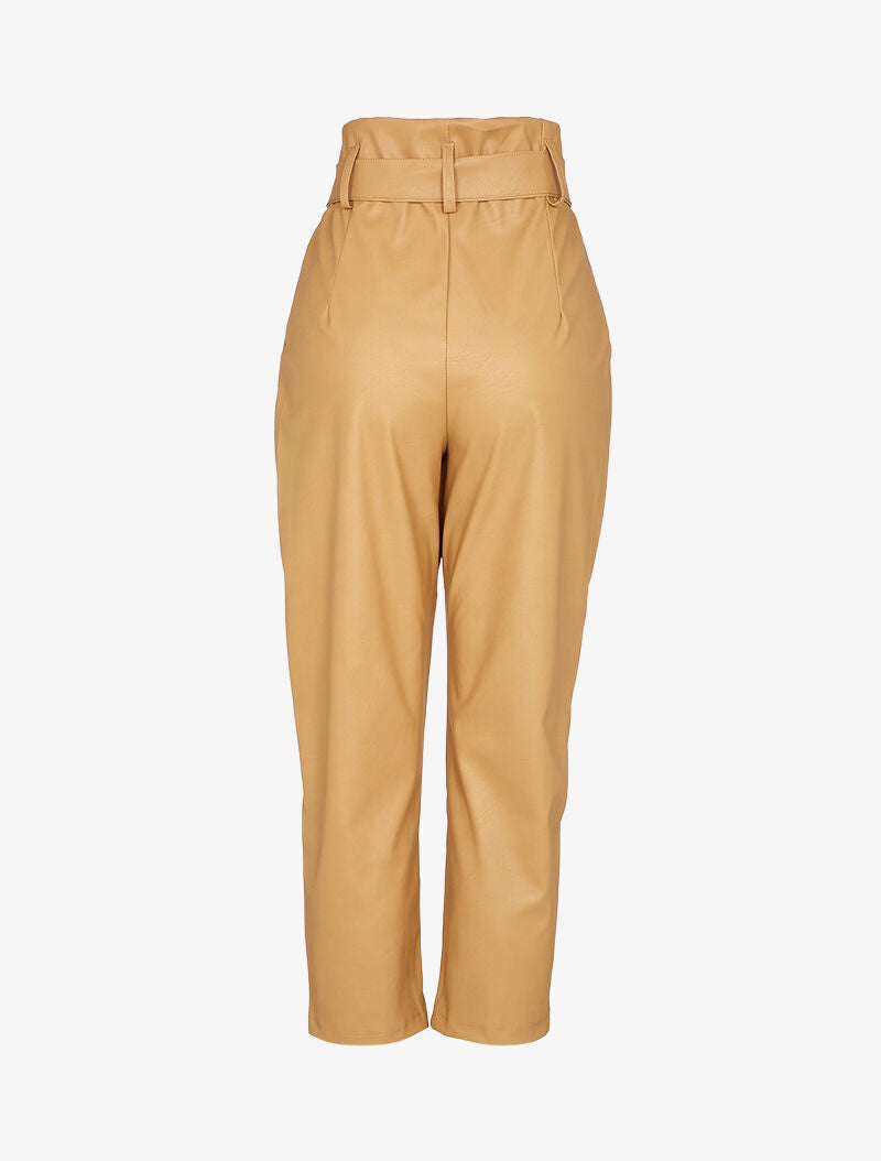 Pantalon carotte à taille empire froncée en simili - Camel - 2