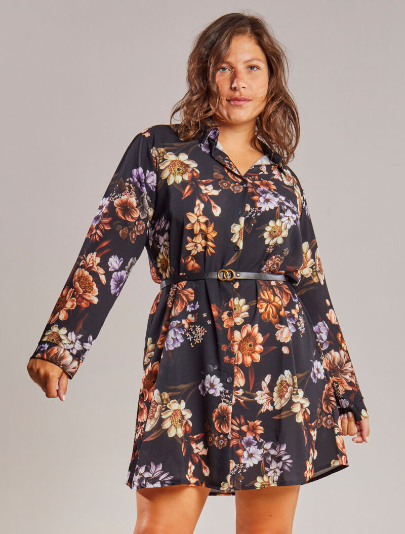 Robe chemise imprimé fleuri - Noir - 3