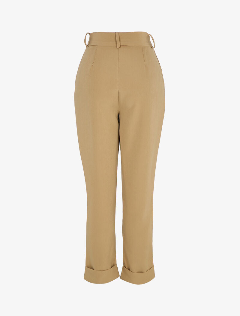 Pantalon taille haute coupe carotte à revers - Beige - 2