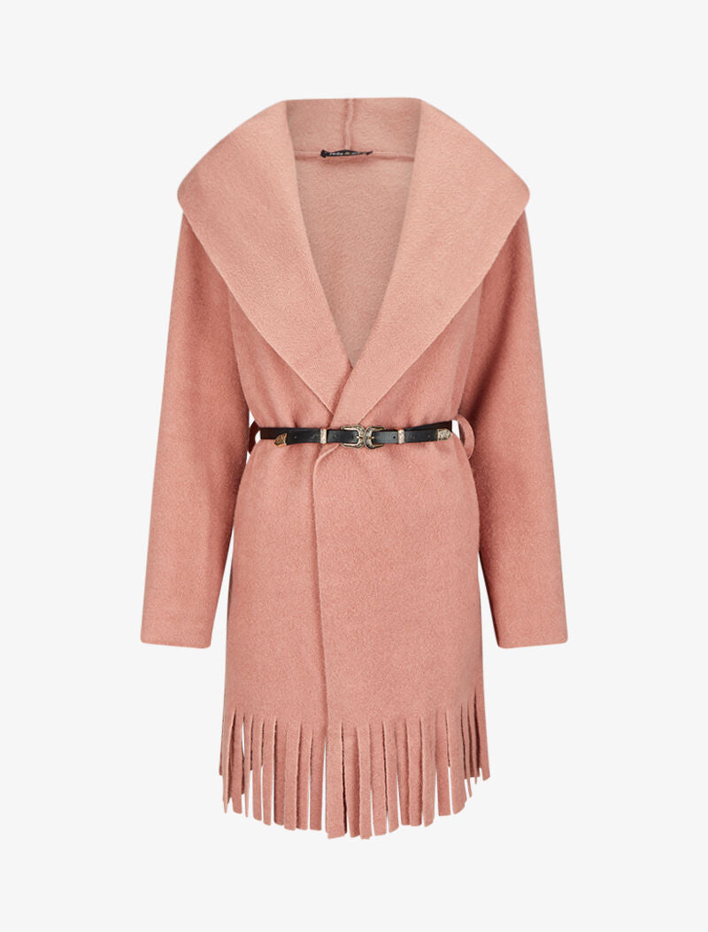 Manteau à capuche à bord à franges - Rose - 4