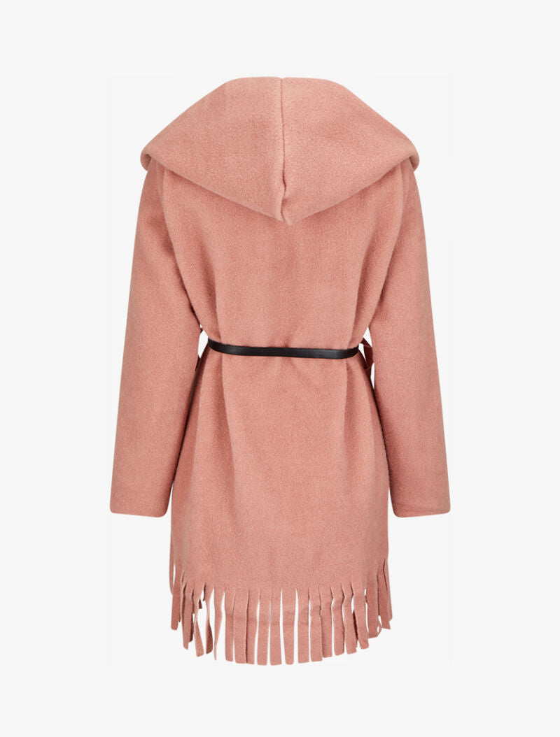 Manteau à capuche à bord à franges - Rose - 2