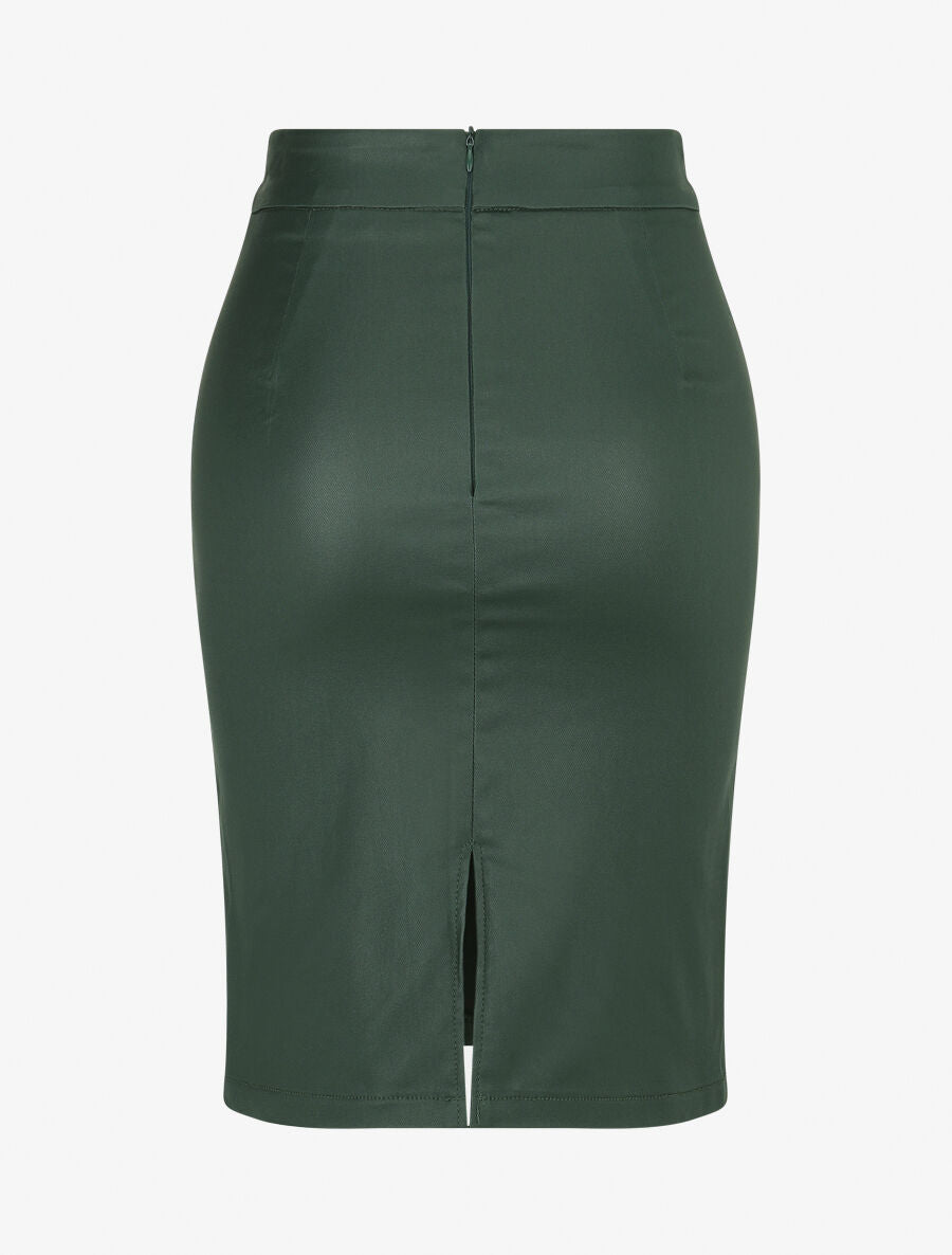 Jupe droite fendue en simili - Vert sapin - 2