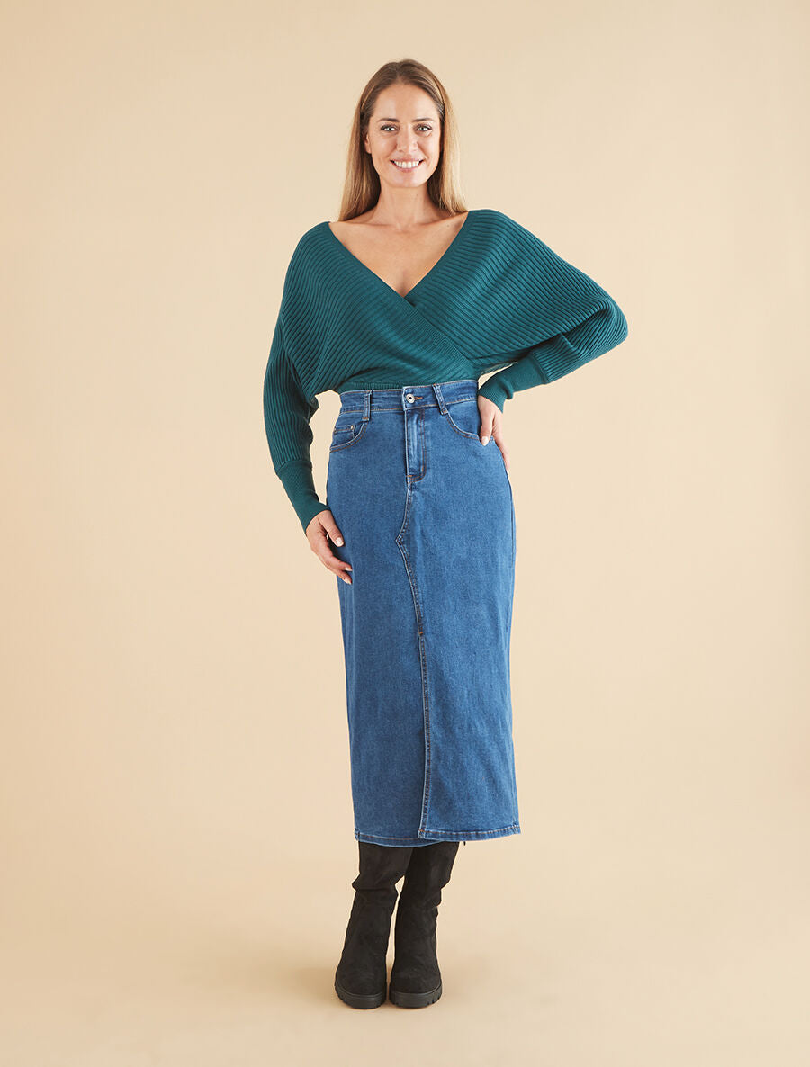 Jupe droite fendue en jean - Bleu - 4