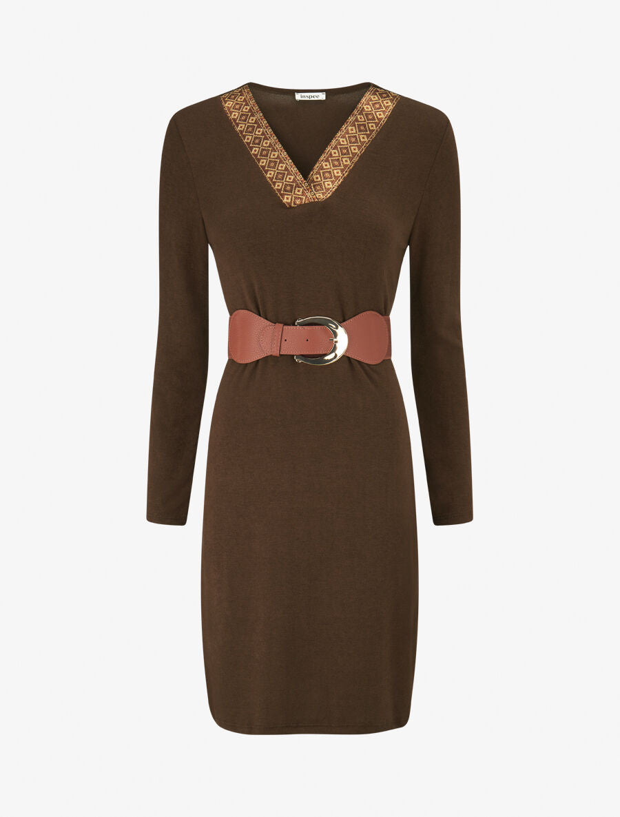 Robe pull col V fantaisie irisé - Marron - 4