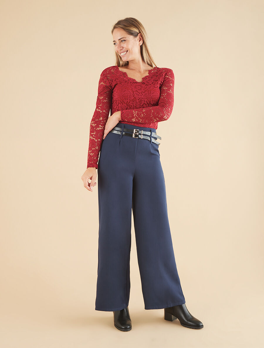 Pantalon wide leg à double ceintures - Marine - 4