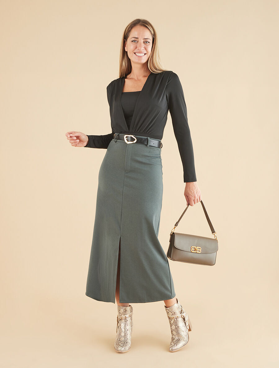Jupe droite uni fendue - Kaki - 4