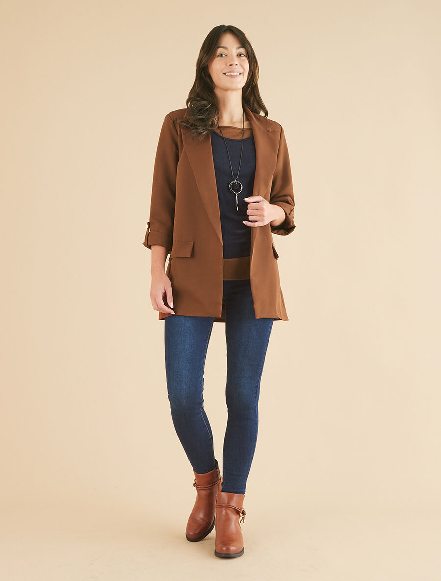 Blazer mi-long uni à manches retroussables - Marron - 4