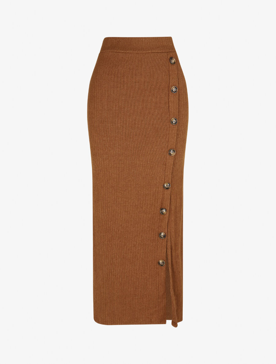Jupe longue fendue en maille - Camel - 4