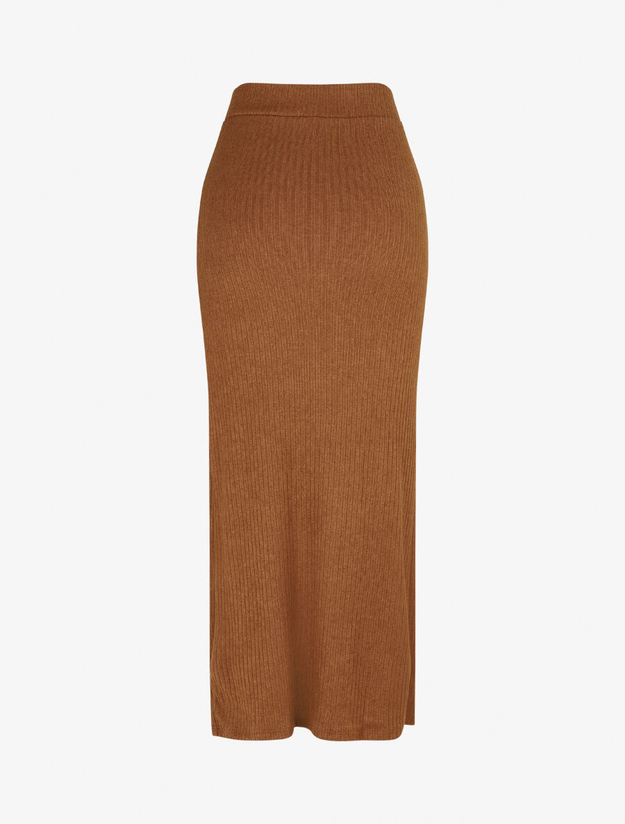 Jupe longue fendue en maille - Camel - 2