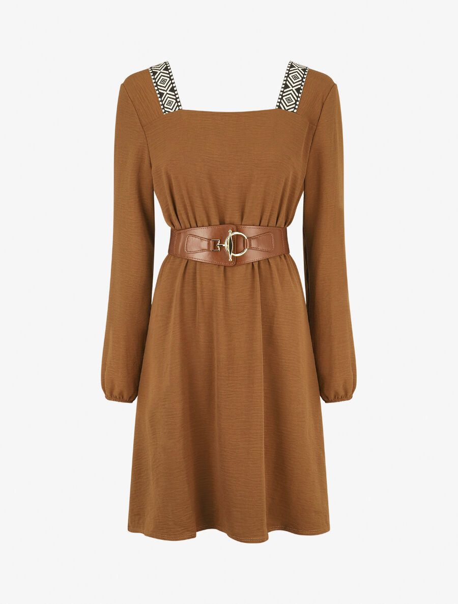 Robe fluide à col carré stylisé - Camel - 1
