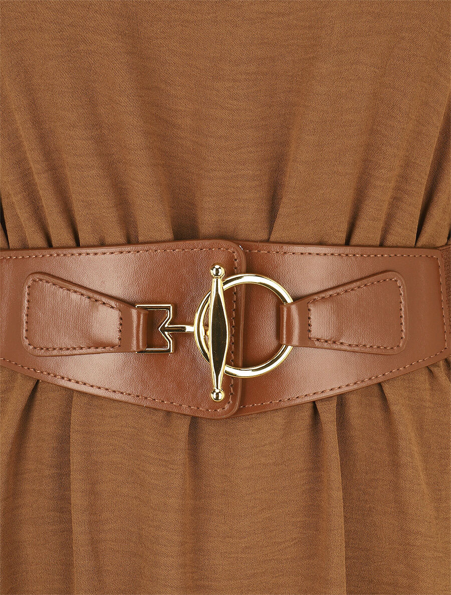 Robe fluide à col carré stylisé - Camel - 3