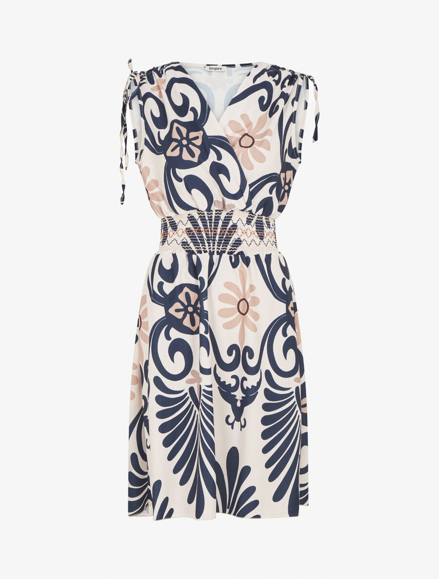 Robe élastiquée à imprimé ikat - Marine - 1