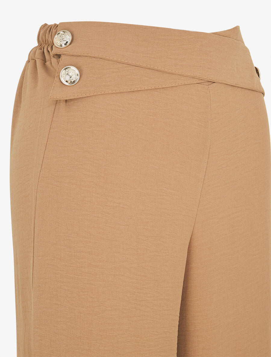Pantalon ample taille haute à boutons - Camel - 3