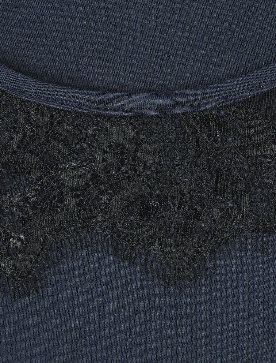 T-shirt droit manches courtes col rond à dentelle - Marine - 3
